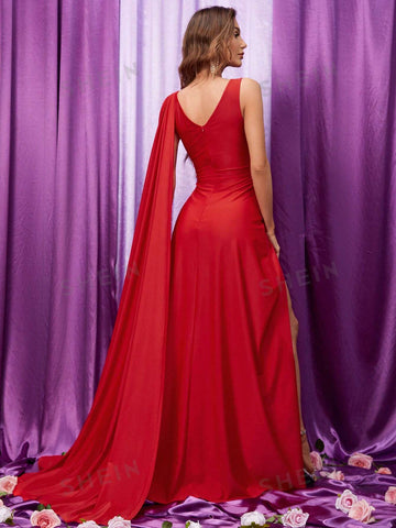 Solid Split Thigh Draped Side Cross Wrap Satin Dress