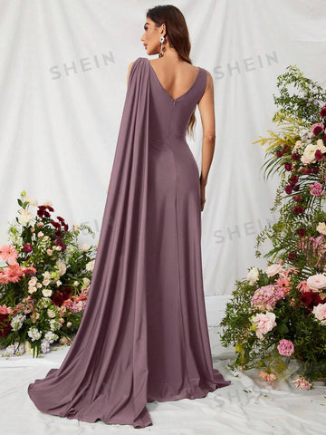 Solid Split Thigh Draped Side Cross Wrap Satin Dress