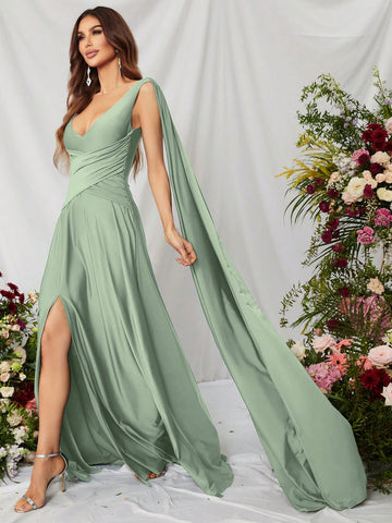 Solid Split Thigh Draped Side Cross Wrap Satin Dress