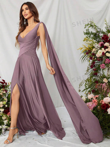 Solid Split Thigh Draped Side Cross Wrap Satin Dress