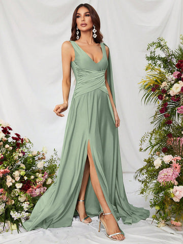 Solid Split Thigh Draped Side Cross Wrap Satin Dress