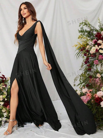 Solid Split Thigh Draped Side Cross Wrap Satin Dress