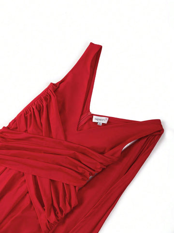 Solid Split Thigh Draped Side Cross Wrap Satin Dress