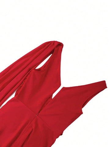 Solid Split Thigh Draped Side Cross Wrap Satin Dress