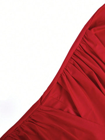 Solid Split Thigh Draped Side Cross Wrap Satin Dress