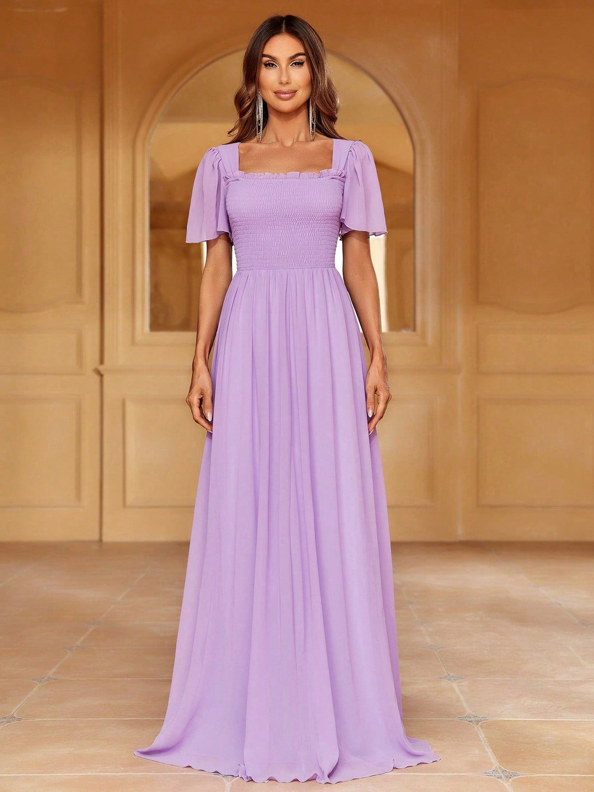 Solid Square Necked Chiffon Bridesmaid Dress