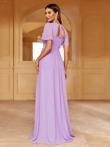 Solid Square Necked Chiffon Bridesmaid Dress