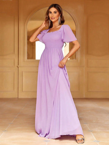 Solid Square Necked Chiffon Bridesmaid Dress