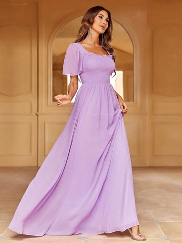 Solid Square Necked Chiffon Bridesmaid Dress