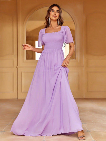 Solid Square Necked Chiffon Bridesmaid Dress