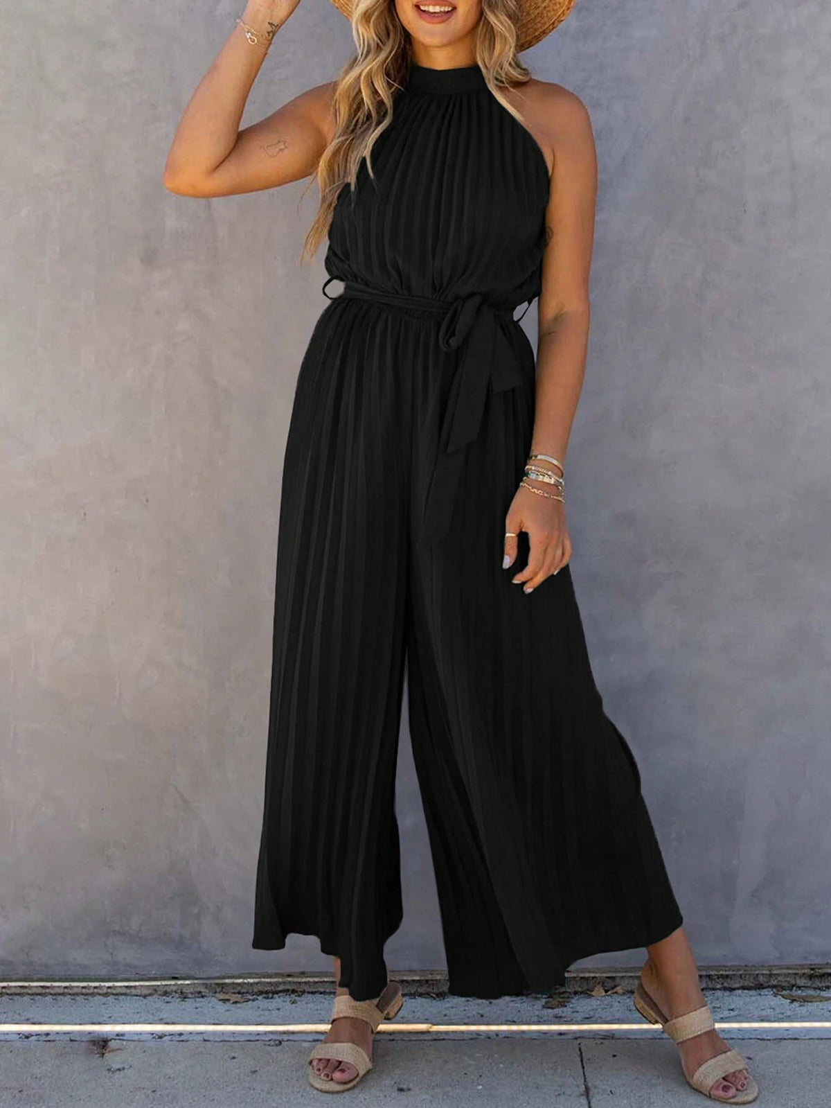 Solid Stand Collar, Loose Pressed Pleated Wide-Leg Jumpsuit