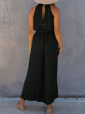 Solid Stand Collar, Loose Pressed Pleated Wide-Leg Jumpsuit