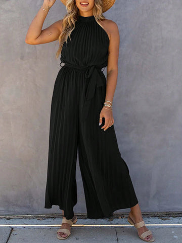 Solid Stand Collar, Loose Pressed Pleated Wide-Leg Jumpsuit