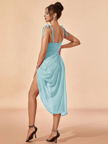 Solid Tie Shoulder Ruched Split Thigh Mesh Cami Dress