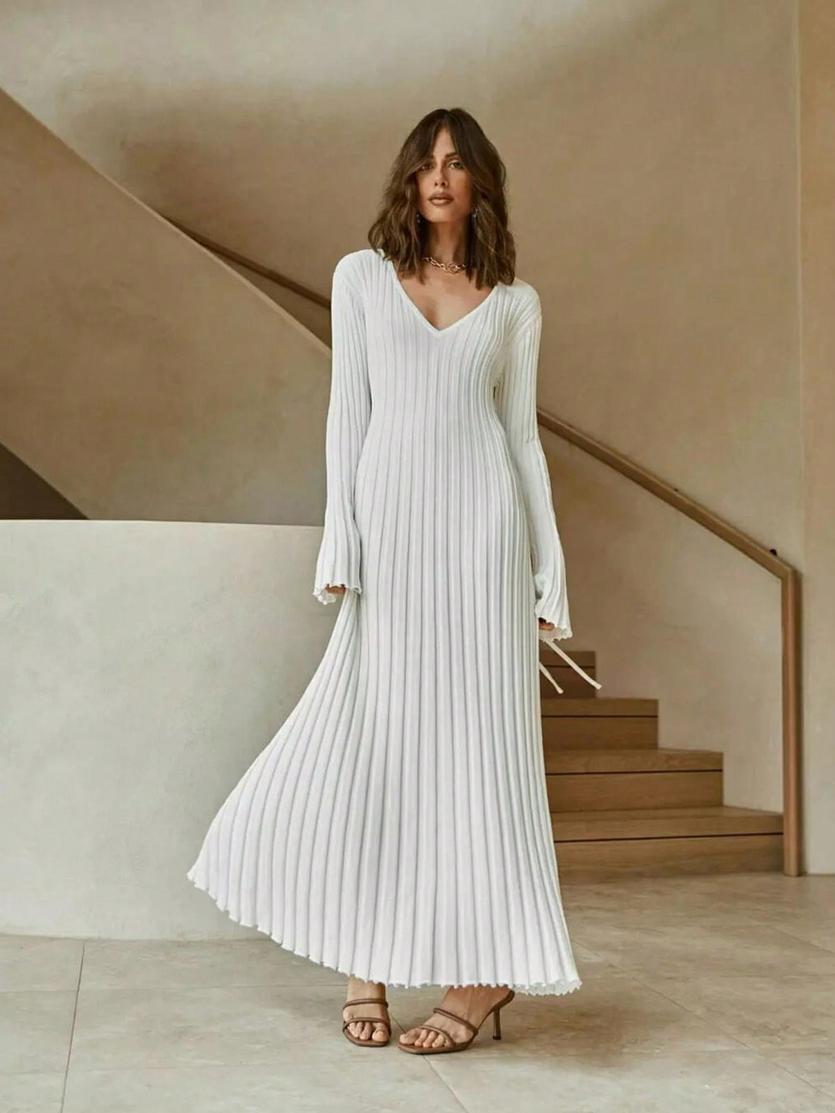 Solid V Neck Flounce Sleeve Dress
