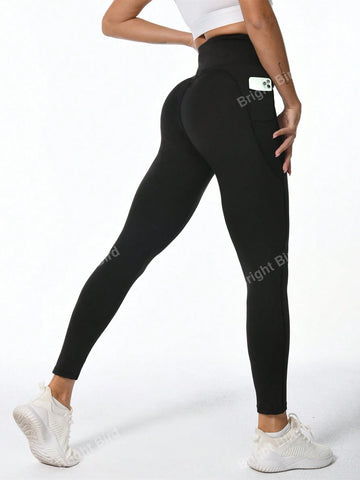 Solid Wide Waistband Phone Pocket Side Leggings