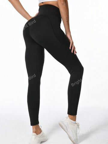 Solid Wide Waistband Phone Pocket Side Leggings