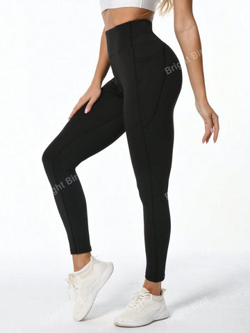 Solid Wide Waistband Phone Pocket Side Leggings