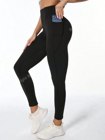 Solid Wide Waistband Phone Pocket Side Leggings