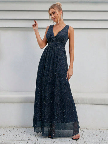Solid Wrap Front Metallic Bridesmaid Dress