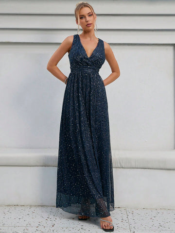 Solid Wrap Front Metallic Bridesmaid Dress
