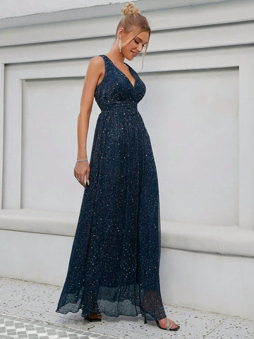 Solid Wrap Front Metallic Bridesmaid Dress