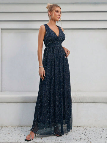 Solid Wrap Front Metallic Bridesmaid Dress