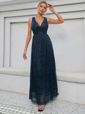 Solid Wrap Front Metallic Bridesmaid Dress