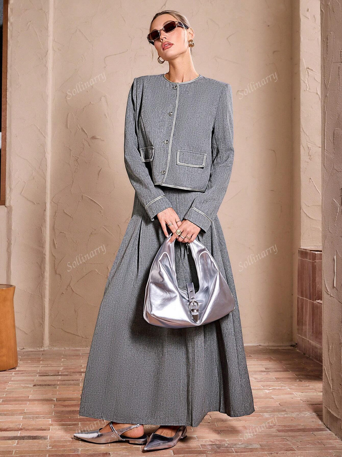 Sollinarry 2pcs Women Urban Commuting Long Sleeve Trim Front Button Pocket Jacket And Ruched Hem Skirt Set, Autumn Casual Outfit