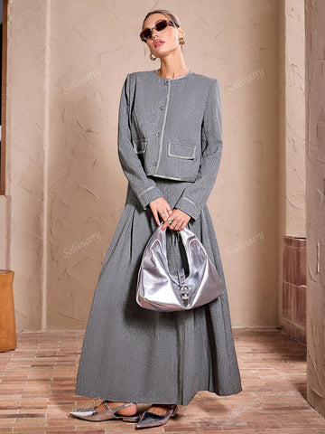 Sollinarry 2pcs Women Urban Commuting Long Sleeve Trim Front Button Pocket Jacket And Ruched Hem Skirt Set, Autumn Casual Outfit