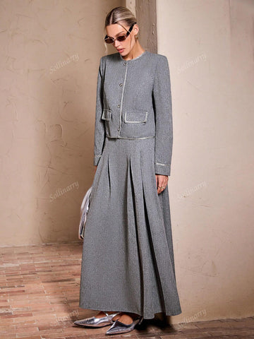 Sollinarry 2pcs Women Urban Commuting Long Sleeve Trim Front Button Pocket Jacket And Ruched Hem Skirt Set, Autumn Casual Outfit