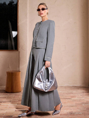 Sollinarry 2pcs Women Urban Commuting Long Sleeve Trim Front Button Pocket Jacket And Ruched Hem Skirt Set, Autumn Casual Outfit