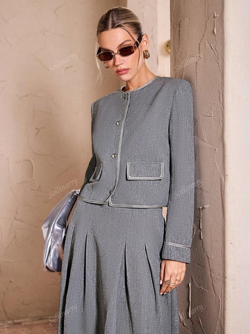 Sollinarry 2pcs Women Urban Commuting Long Sleeve Trim Front Button Pocket Jacket And Ruched Hem Skirt Set, Autumn Casual Outfit