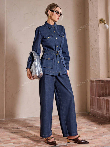 Sollinarry 2pcs Women Urban Fashionable Denim Solid Color 3D Pocket Long Sleeve Top And Pant Set, Autumn