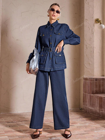 Sollinarry 2pcs Women Urban Fashionable Denim Solid Color 3D Pocket Long Sleeve Top And Pant Set, Autumn