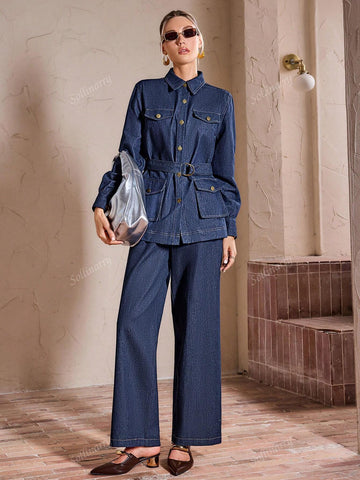 Sollinarry 2pcs Women Urban Fashionable Denim Solid Color 3D Pocket Long Sleeve Top And Pant Set, Autumn