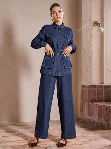 Sollinarry 2pcs Women Urban Fashionable Denim Solid Color 3D Pocket Long Sleeve Top And Pant Set, Autumn