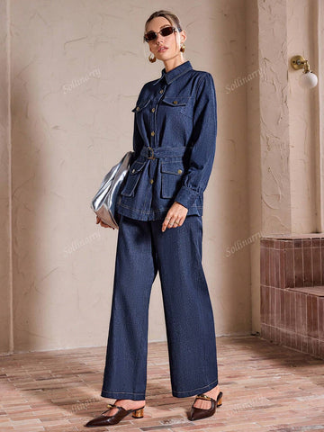 Sollinarry 2pcs Women Urban Fashionable Denim Solid Color 3D Pocket Long Sleeve Top And Pant Set, Autumn