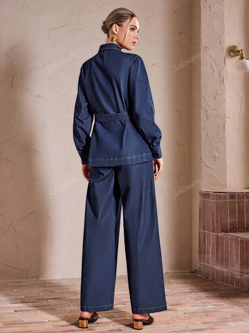 Sollinarry 2pcs Women Urban Fashionable Denim Solid Color 3D Pocket Long Sleeve Top And Pant Set, Autumn