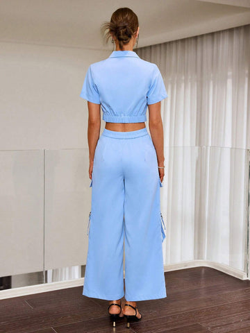 Sollinarry Casual Short Sleeve Zippered Top And Wide Leg Pants With Pockets 2pcs/Set