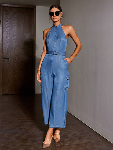 Sollinarry Sleeveless Neck Hanging 3d Pocket Jumpsuit