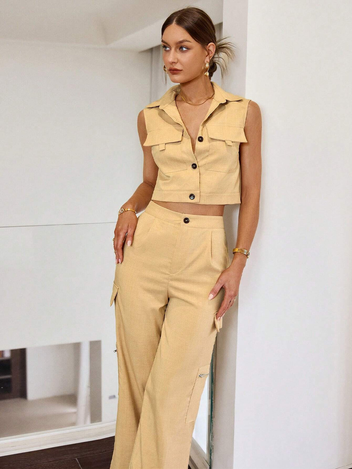 Sollinarry Solid Color Front Button Top & Work Pants Two Piece Suit