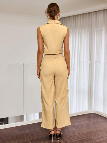 Sollinarry Solid Color Front Button Top & Work Pants Two Piece Suit