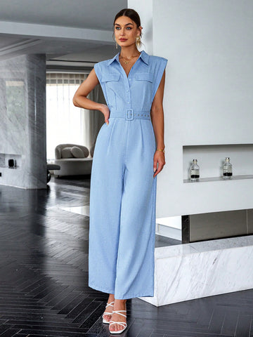 Sollinarry Women'S Solid Color Sleeveless Tank Top Wide Leg Jumpsuit