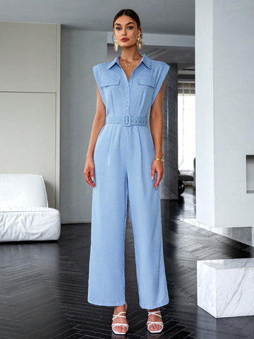 Sollinarry Women'S Solid Color Sleeveless Tank Top Wide Leg Jumpsuit