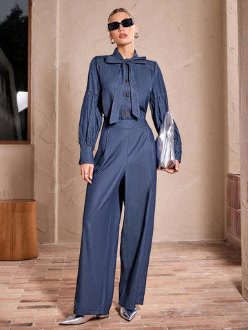 Sollinarry Women Autumn Lantern Sleeve Bow Top And Denim Pants 2 Piece Set