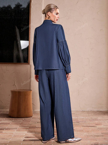 Sollinarry Women Autumn Lantern Sleeve Bow Top And Denim Pants 2 Piece Set