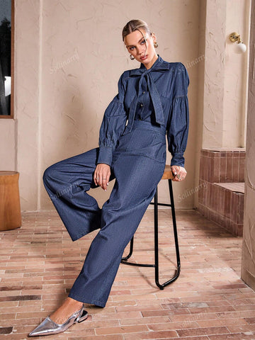 Sollinarry Women Autumn Lantern Sleeve Bow Top And Denim Pants 2 Piece Set