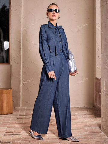 Sollinarry Women Autumn Lantern Sleeve Bow Top And Denim Pants 2 Piece Set