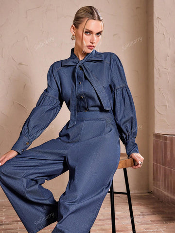 Sollinarry Women Autumn Lantern Sleeve Bow Top And Denim Pants 2 Piece Set